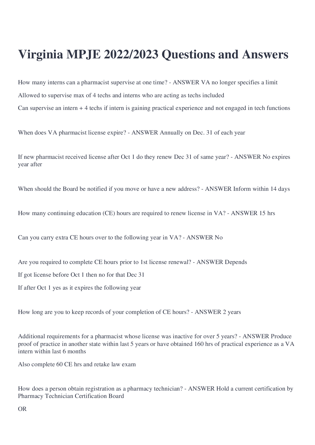 Preview of Virginia MPJE 2022/2023 Questions and Answers